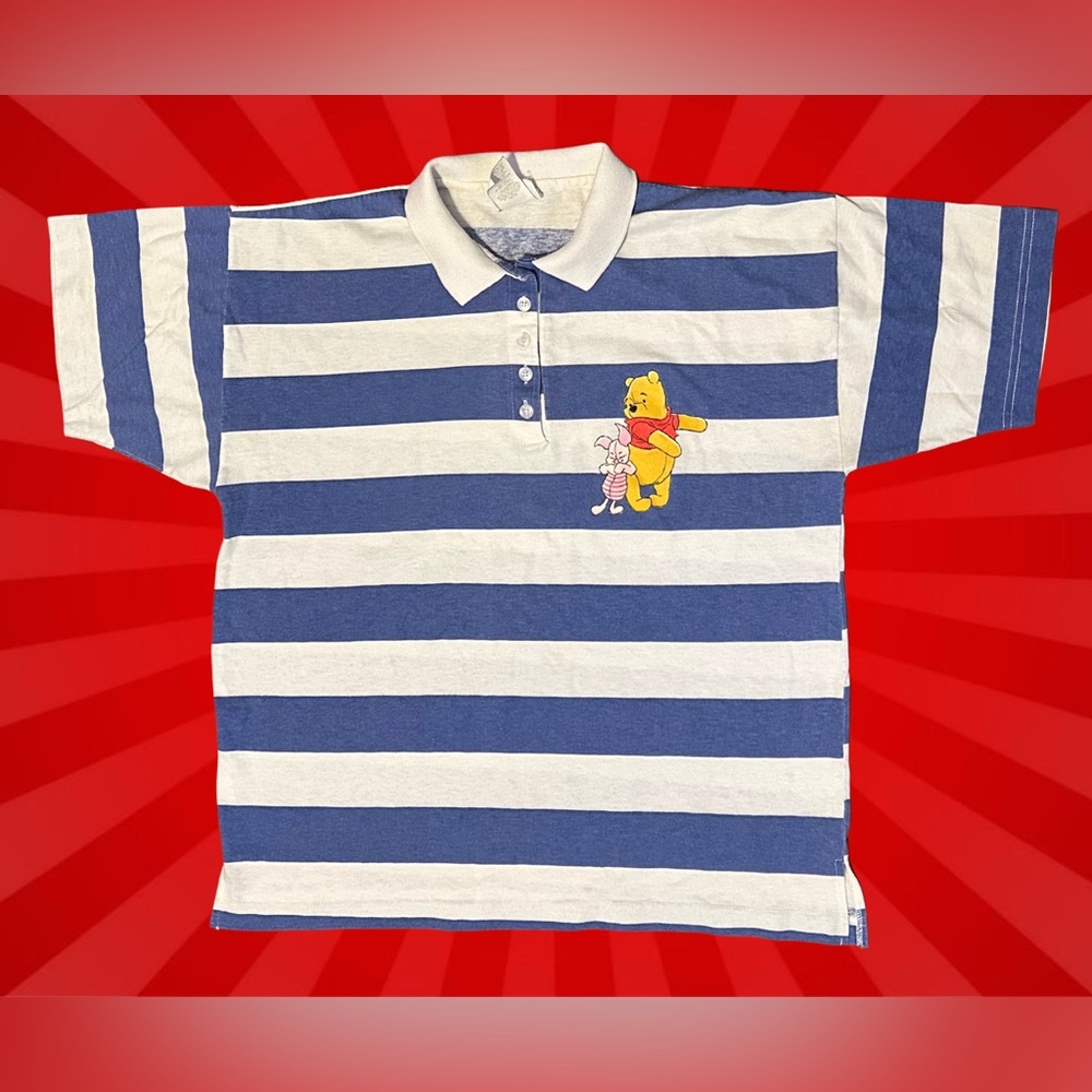 Vtg 90s Disney Winnie the Pooh & Piglet Polo Shirt Blue White Stripes Large